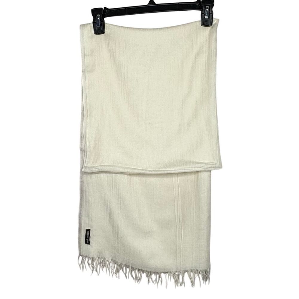 Eskandar Feather Weight Cashmere Silk Minimalist Ivory Eyelash Fringe Scarf